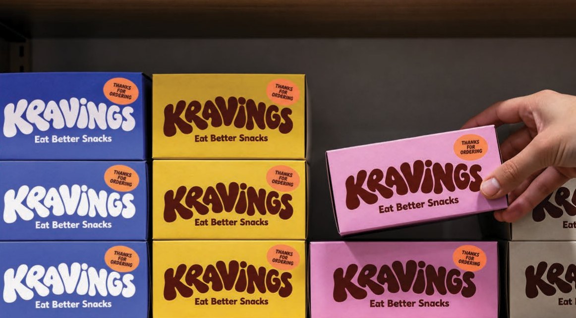 Blue, yellow and pink Kravings boxes on a shop shelf, each printed Eat Better Snacks